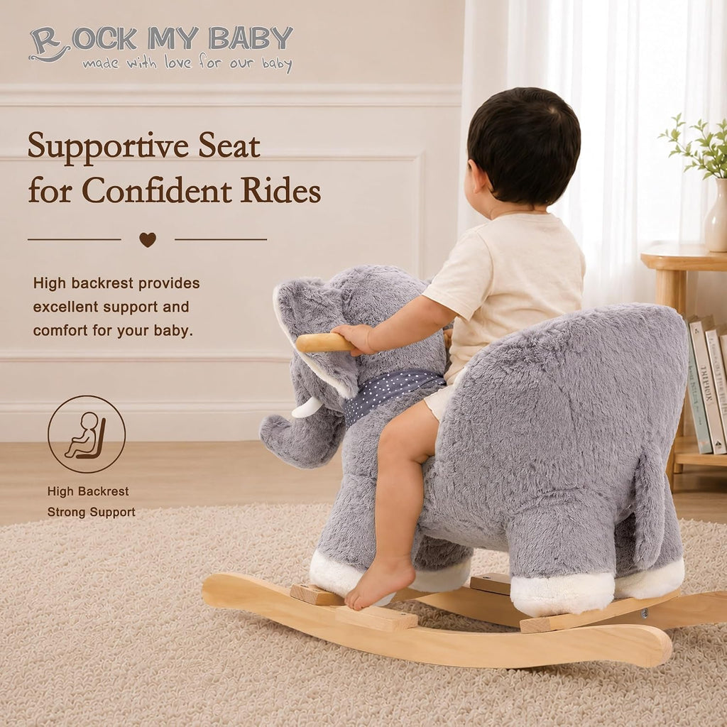 My Baby Rocking Elephant with Seat, Plush Stuffed Pony Rocker for Toddlers 1-3, Baby Rocker with Sweet Music, Wooden
