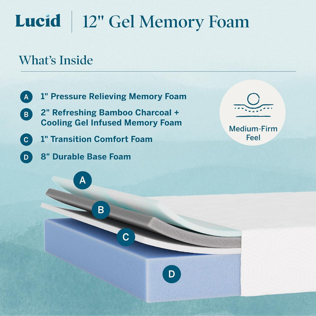 12" Medium Firm Gel Memory Foam Mattress - Bamboo Charcoal & Cooling Gel - Fiberglass Free - Bed in a Box