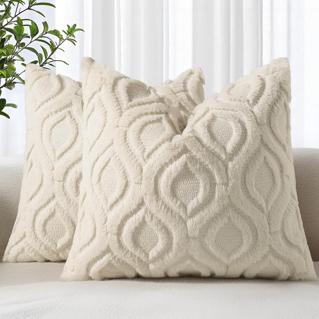 Throw Pillow Covers 18x18 Inch Set of 2, Soft Plush Faux Wool Beige Solid Couch Pillow Covers, Accent Farmhouse