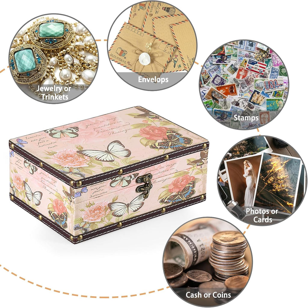 Butterfly Treasure Chest Box, Wooden + PU Leather Storage Decorative Box for Jewelry Trinkets Photos, Rectangular