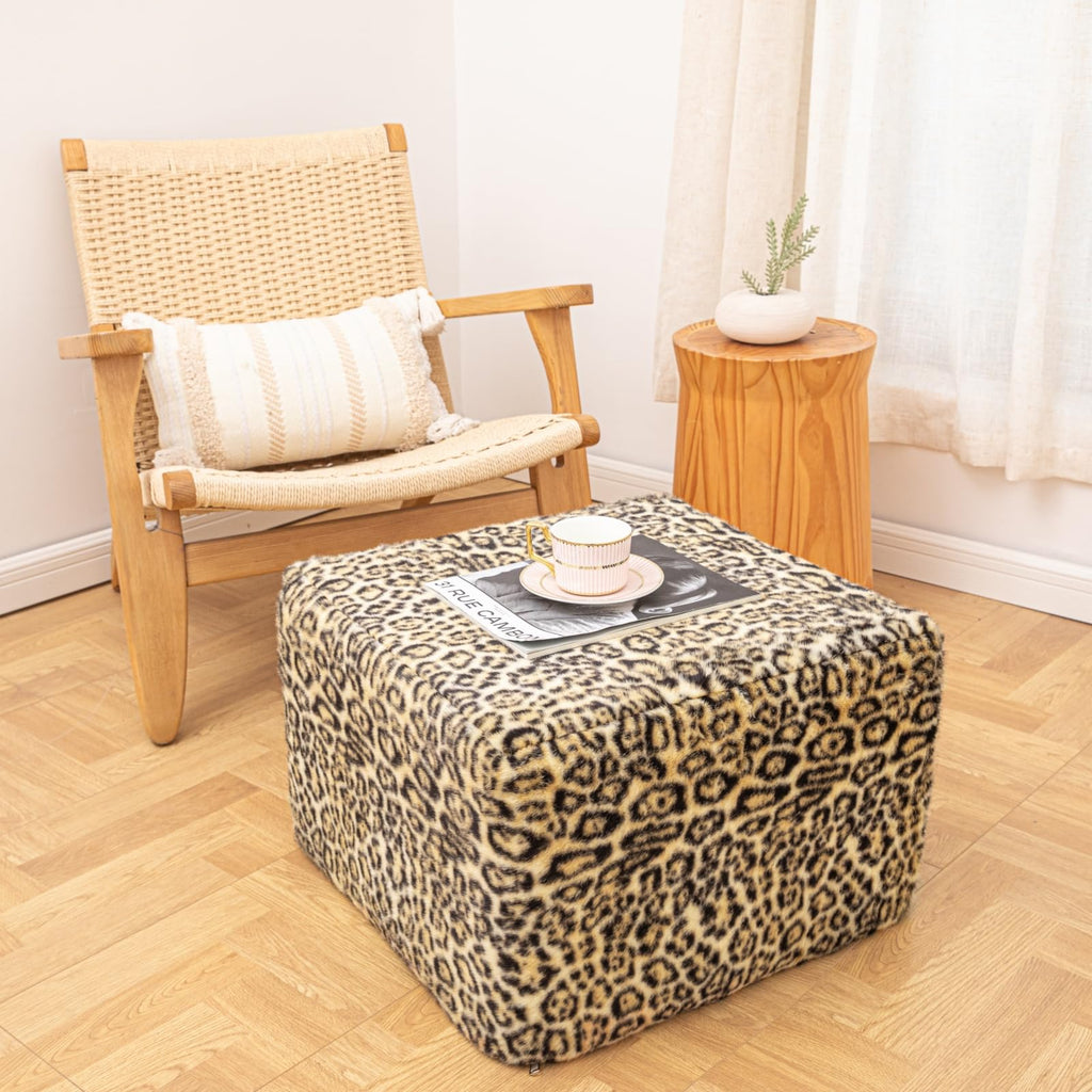 Square Ottoman Footrest Pouf Foot Stool 20x20x14In, Leopard Print
