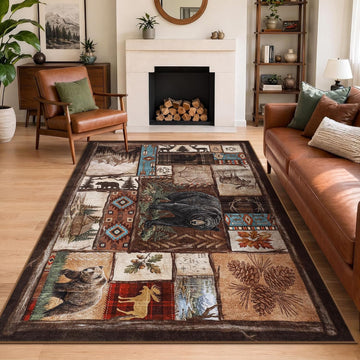 Washable Southwestern Area Rugs, Low Pile Soft Bear Rug, Non Slip Rustic Cabin Indoor Dining Room Patchwork