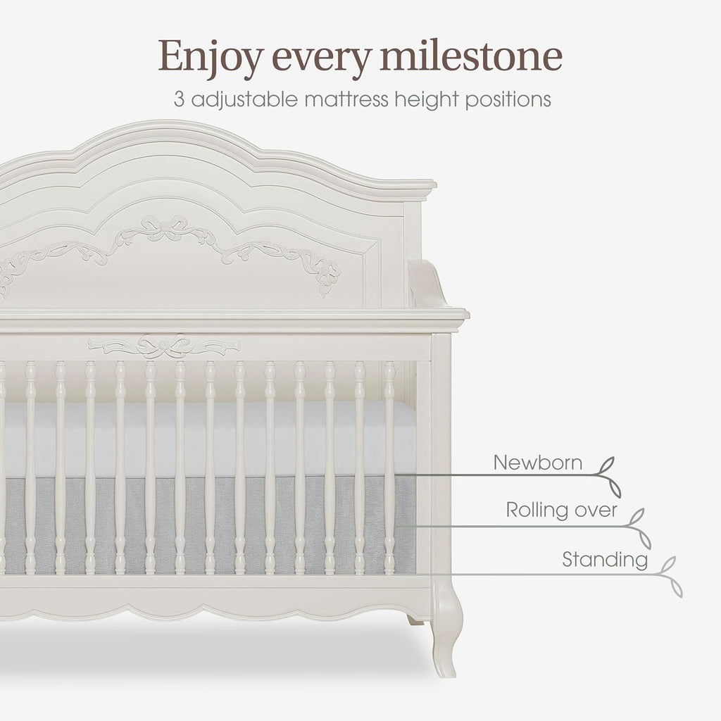 Aurora 5-in-1 Convertible Full Size Baby Crib, Ivory Lace | Wooden Nursery, 3-Position Mattress Support, Converts to