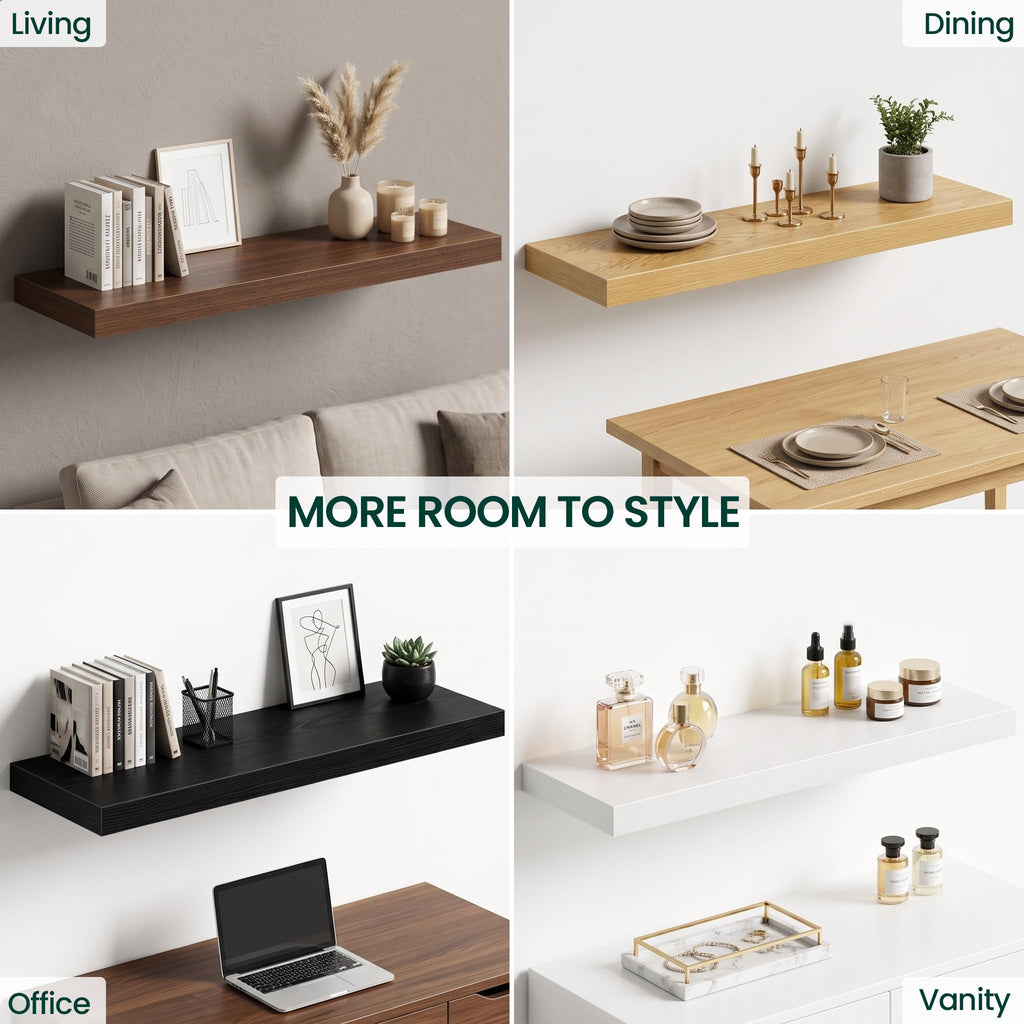 12 Inch Deep Floating Shelves Oak, 24 Inch Long, 2" Thick Floating Shelves for Wall, Hidden Bracket