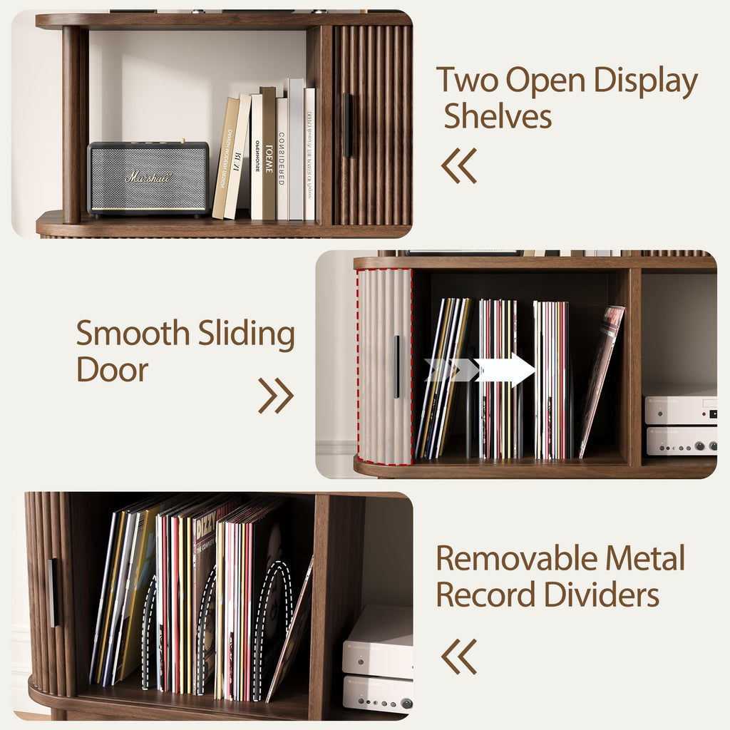 40" Large Record Player Stand with Charging Station, Mid Century Modern Turntable Cabinet with Sliding Doors, Wood