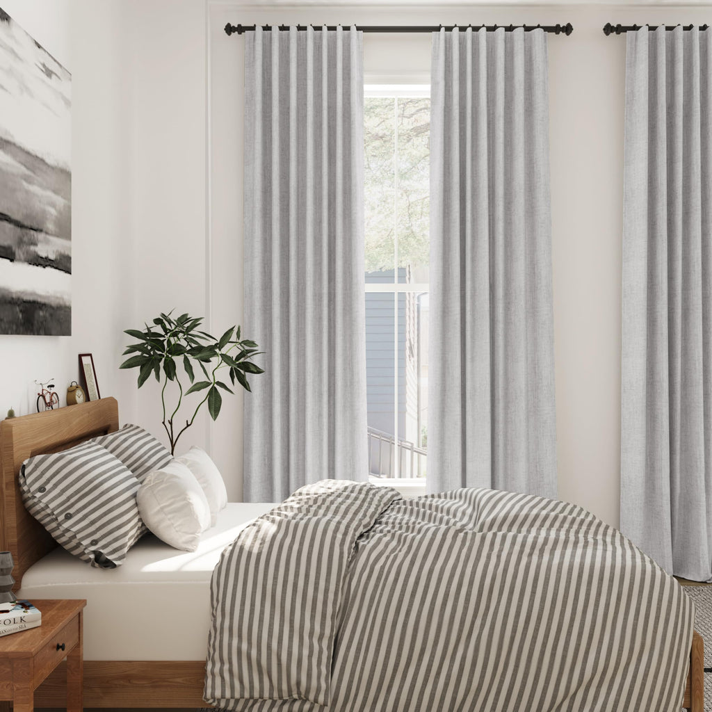 Grey Linen Back Tab Curtains 96 Inches Long 2 Panels Set Sliding Glass Door Grey Semi Sheer Curtains Light Filtering