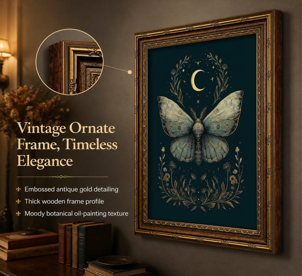 Vintage Gold Framed Celestial Moth Crescent Moon Wall Art Gothic Moody Ethereal Butterfly Picture Wall Decor Dark