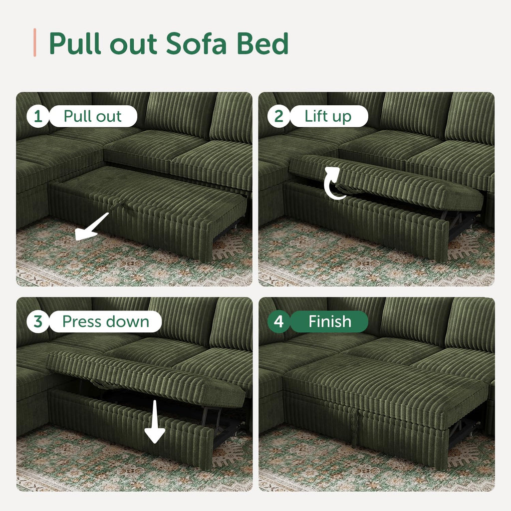 Corduroy U Shaped Sectional Sleeper Sofa with Pull Out Bed, Green
