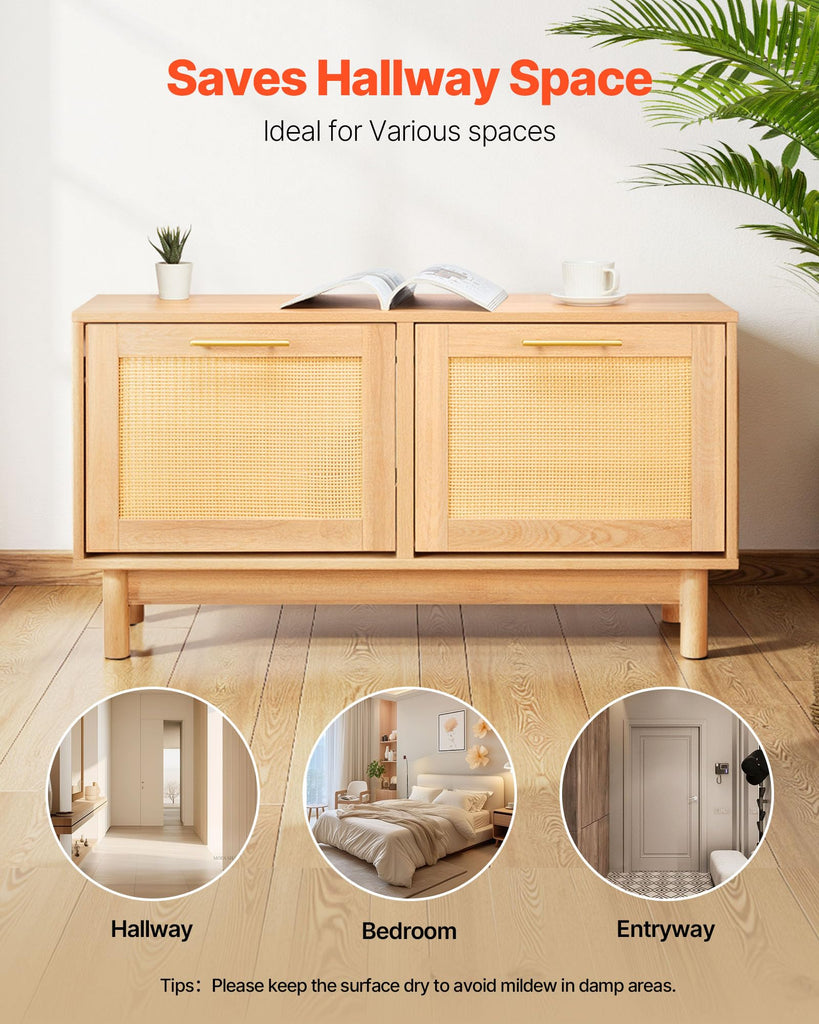 Rattan Shoe Storage Bench, Entryway Bench with 2 Flip Drawers, Holds up to 300 lbs with 4 Compartments and 2 Rattan