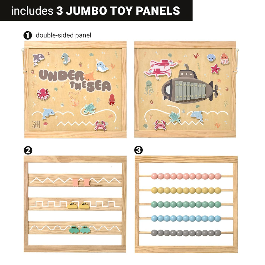 Wooden Playpen Extra Large for Toddlers and Babies - Under The Sea Theme Toy Design - (8/10) Wood Panels - Foldable