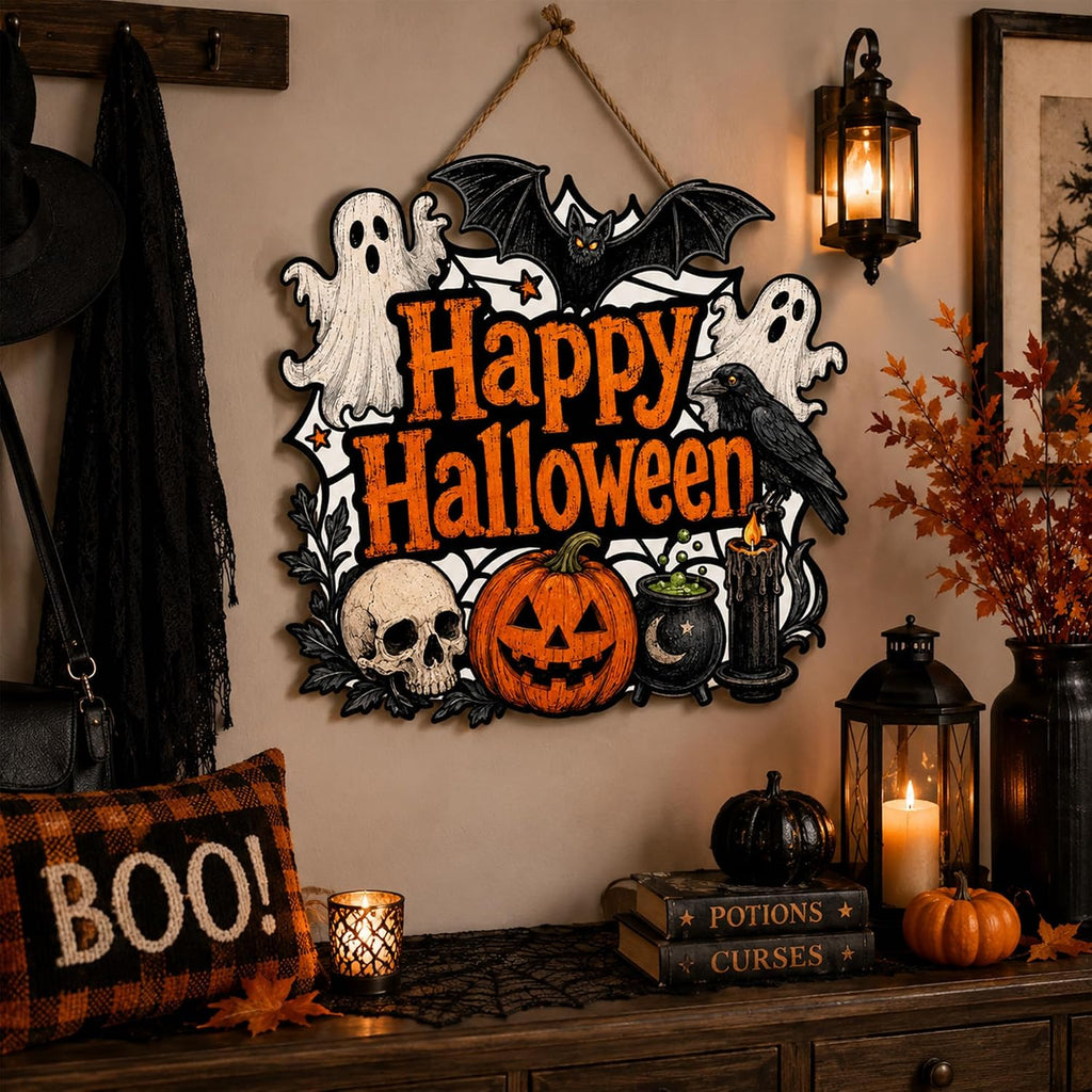 Halloween Door Decoration Sign, Halloween Pumpkin Bat Witch Wreath Front Door Hanger, Spooky Wooden Sign Outdoor