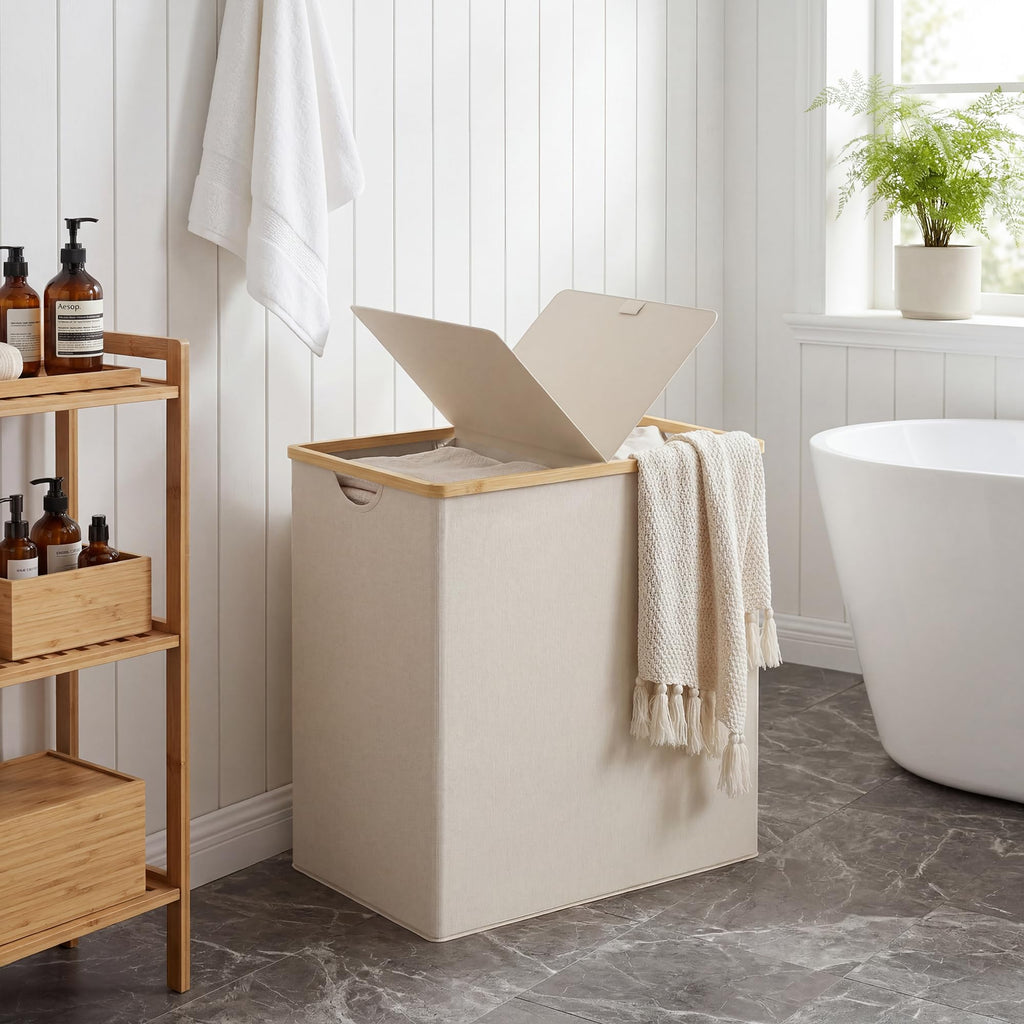 Double Laundry Hamper with Lid and 2 Removable Bags, Beige