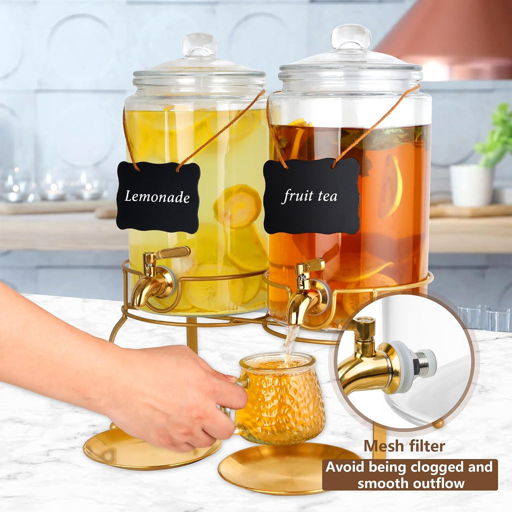 Drink Dispensers for Parties, 2 Pack 1 Gallon Beverage Dispenser with Stand, Drink Dispenser With Glass Lid, juice - Set of 2