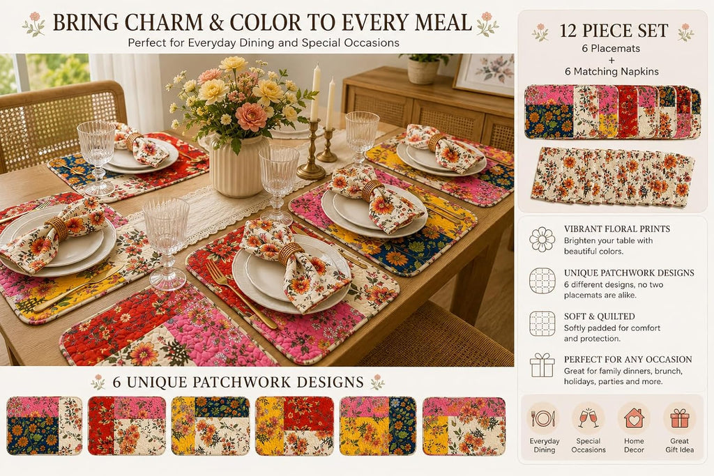 12-Piece Quilted Patchwork Placemats & Floral Napkins | 13 x 19 in mats, 18 x 18 in napkins, reversible, machine