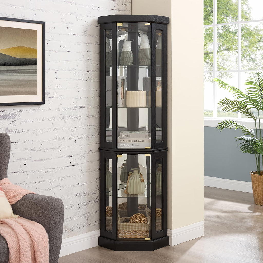 70" Lighted Corner Curio Cabinet, Glass Display Case with Tempered Glass Door and 3 Adjustable Shelves, Black Curio