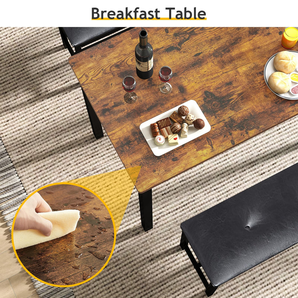 Dining Room Table Bench Set for 4, Modern Space Saving Kitchen Table with with 2 Upholstered Benches & Adjustable