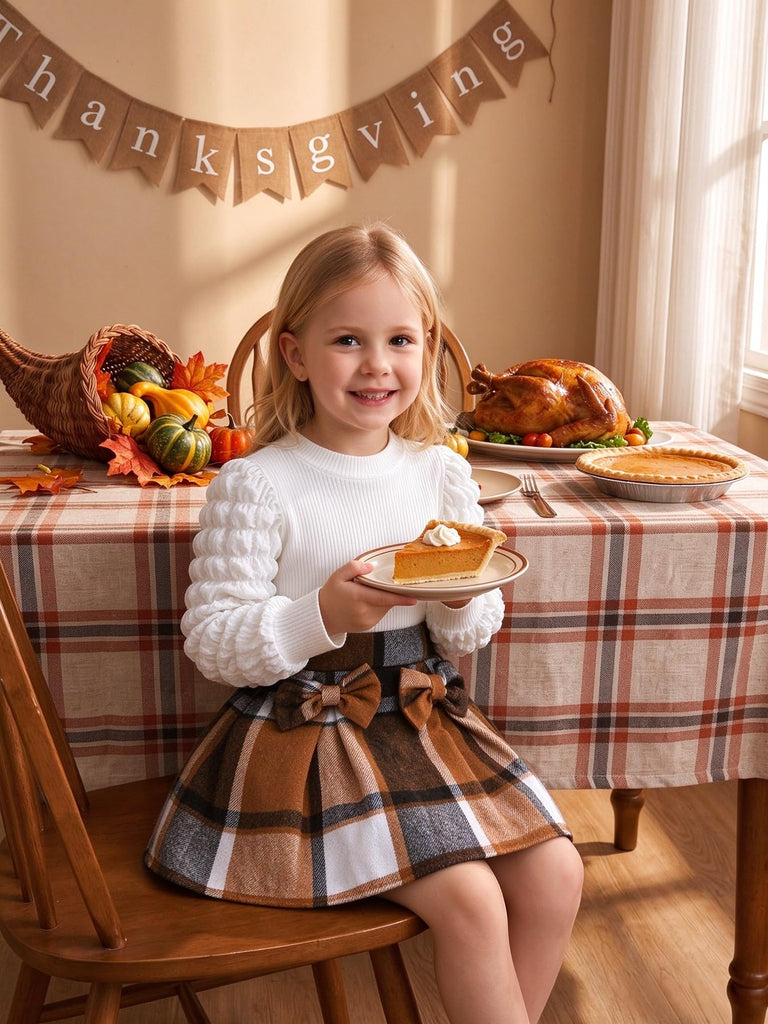 Toddler Girls Plaid Outfits Girls Puff Sleeve Knit Ribbed Shirt Tops Plaid Skirt Set Kids Fall Winter