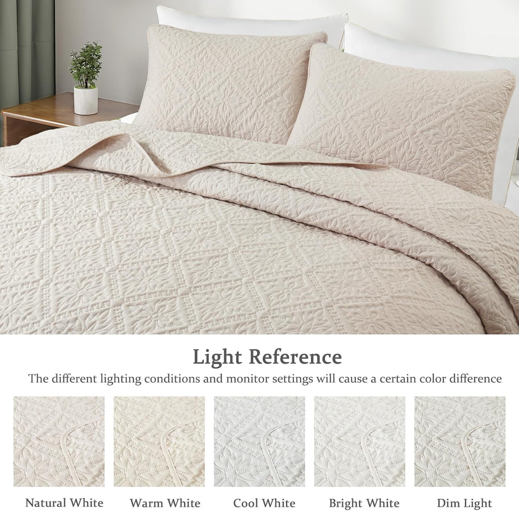 King Quilt Bedding Set, Lightweight Soft Bedspreads Coverlets with 2 Pillow Shams, Modern Brich Beige Oversized