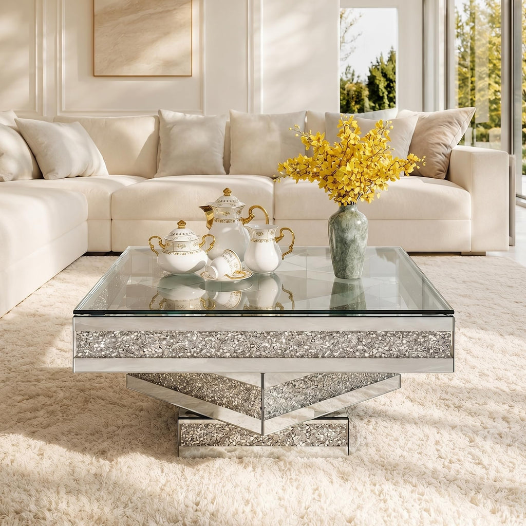 Mirrored Coffee Table with Crushed Diamonds, 31.5" Square Glass Center Table, Drop-Tested Shatterproof Packaging