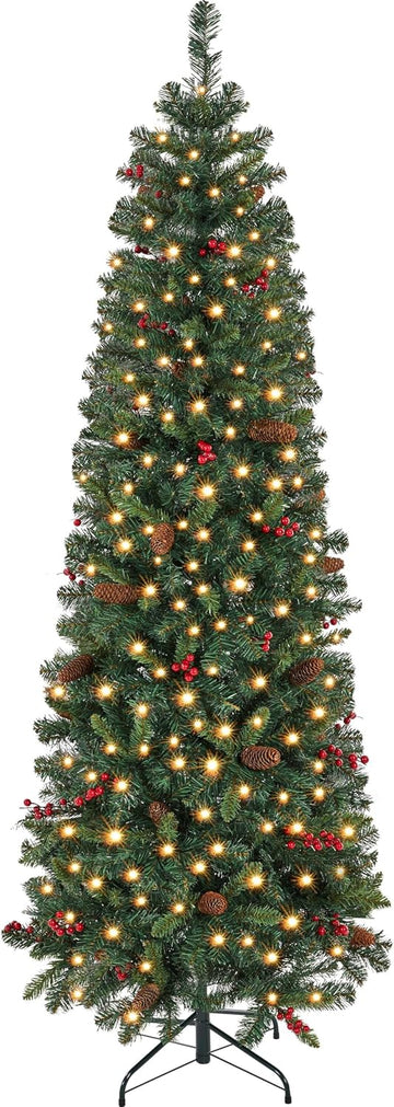 7.5ft Pre-lit Pencil Spruce Christmas Tree, Artificial Slim Xmas Fir, Pre-Decorated , Party, Holiday Decor W/ 948