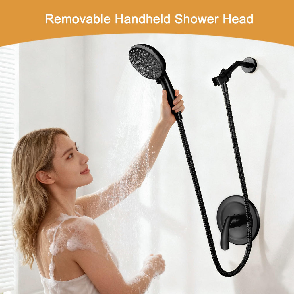 Single-Handle Shower Faucet Set Black - Matte Black Shower Head and Handle Set, Shower Trim Kit with 7 Modes Handheld