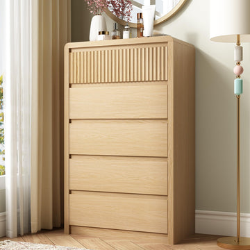 Oak Fluted 5 Drawer Dresser, Curved Edge, 48" Tall