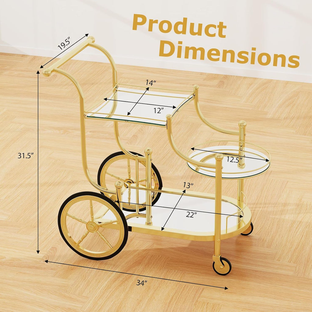 Rolling Serving Cart, 3-Tier Metal Bar Cart with Tempered Glass, 4 Wheels Tea Serving Bar Cart , Gold