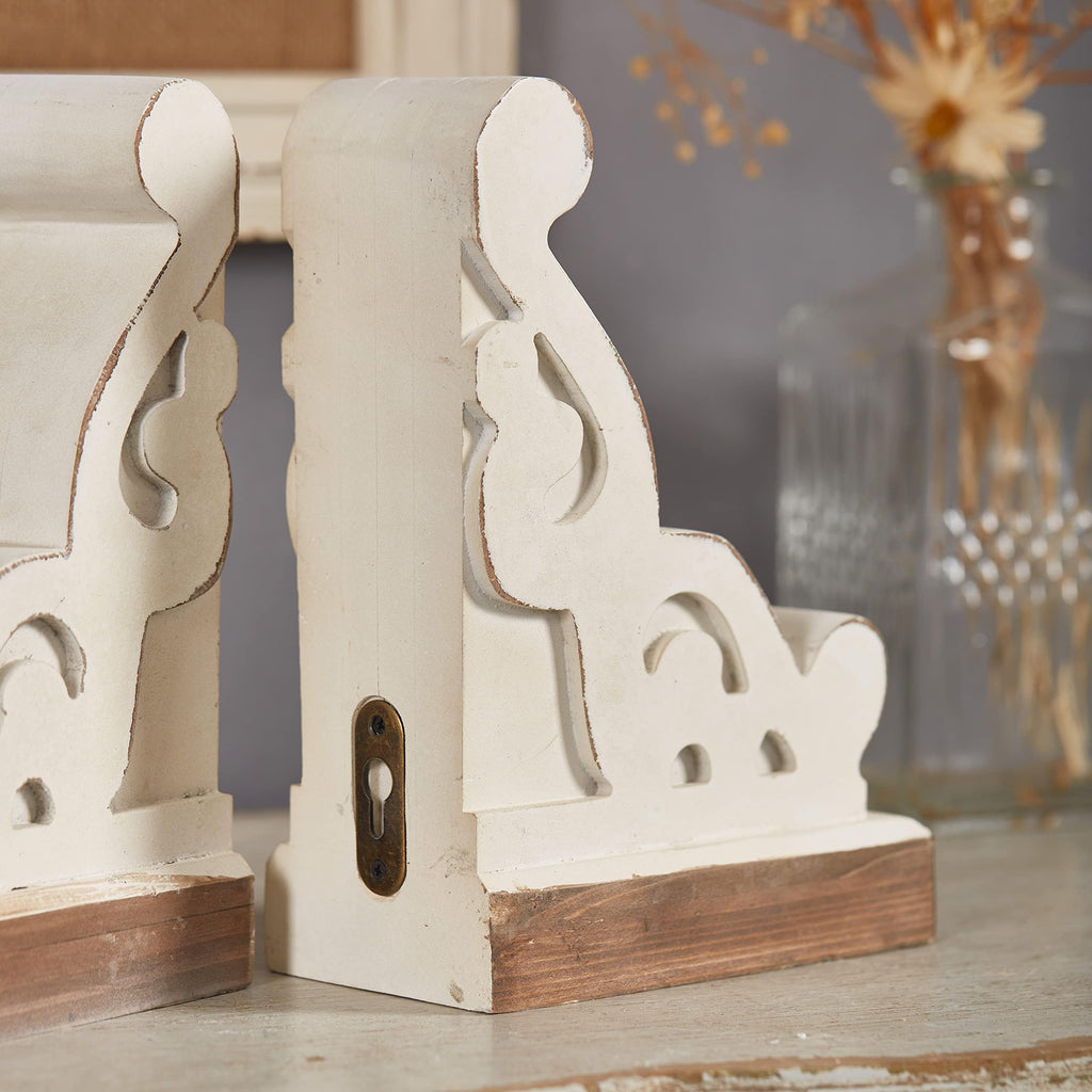 Rustic White Wood Bookends Decorative, Distressed Corbels for Shelves
