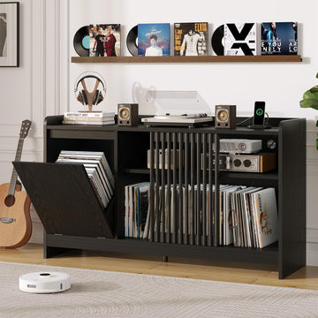 48" Record Player Stand w/Flip-Out Storage Cabinet, Sliding Door