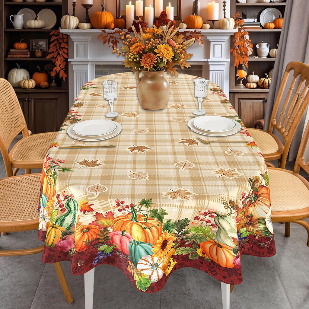 Fall Plaid Oval Tablecloth 60 x 102 Inch, Stain Resistant Washable Fabric Autumn Harvest Pumpkin Table Cloth Oval