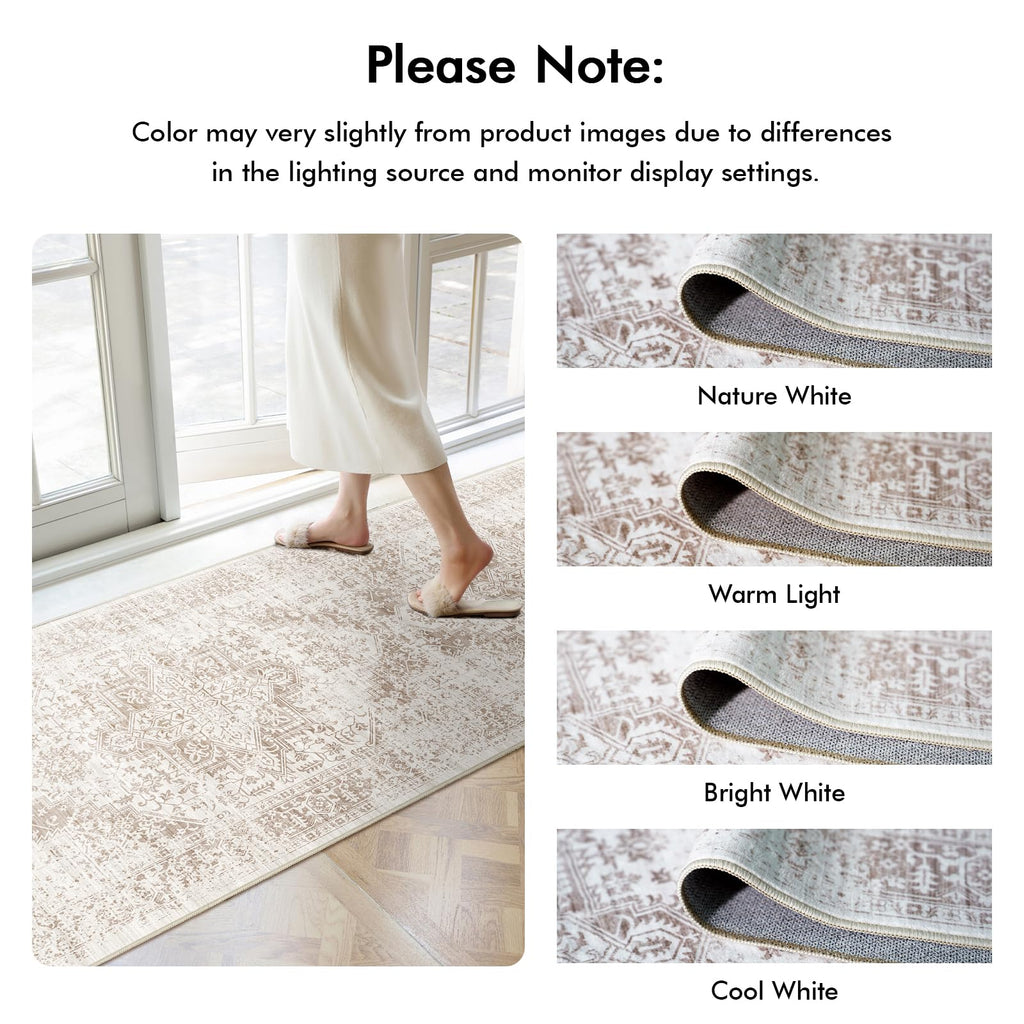 2'6"x14 Washable Long Runner Rug: Vintage Non Slip Hallway Rug IvoryBeige