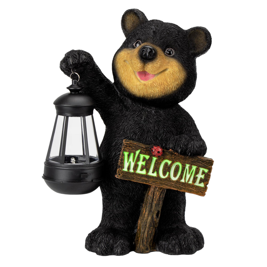 Garden Bear Statue with Solar LED Lantern, Luminous Welcome Sign, Gifts for Christmas Yard Art, Whimsical Figurine