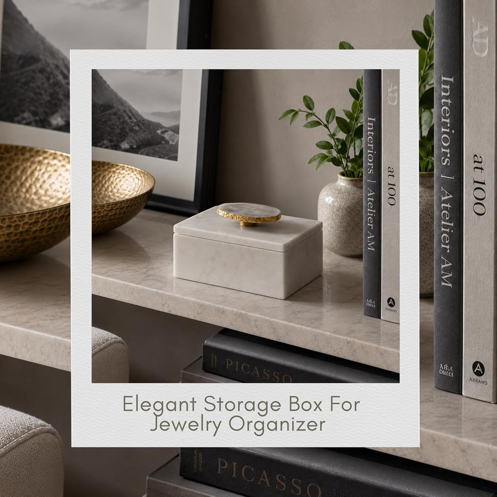 Marble Decorative Box Decor - Jewelry Box with Lid and Gold Accent for Keepsakes - Ideal Home Organizer and Storage