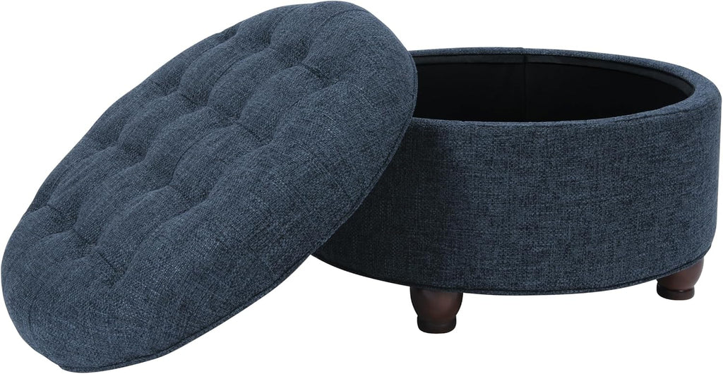Home Decor | Large Button Tufted Woven Round Storage Ottoman (Navy Woven) 25 inch D x 25 inch W x 15 inch H