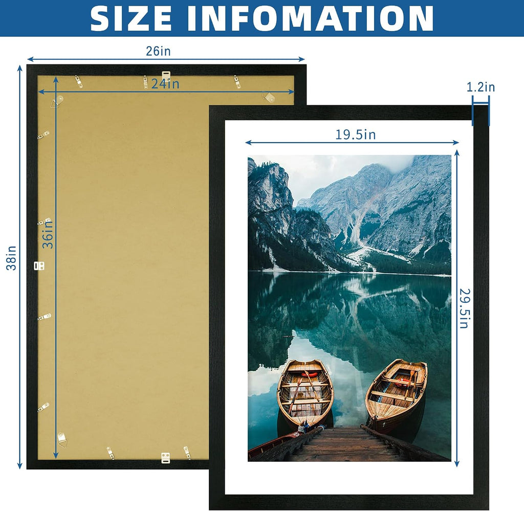 24x36 Poster Frame Set of 2, Rustic Black Wood Style - Display 24 x 36 Poster without Mat or 20x30 Picture with Mat