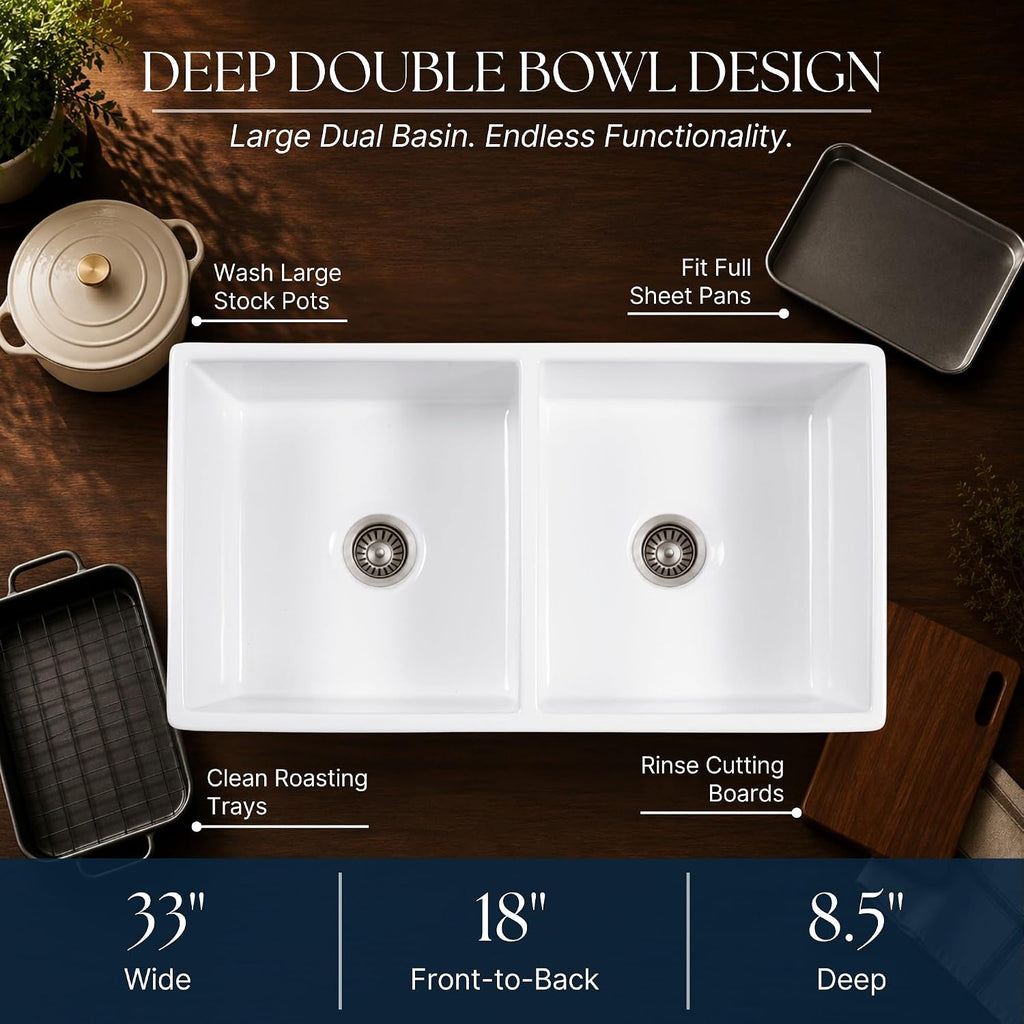 Turner 33 in White Fireclay Farmhouse Sink, Double Bowl | SureFire chip-resistant glaze, apron front undermount
