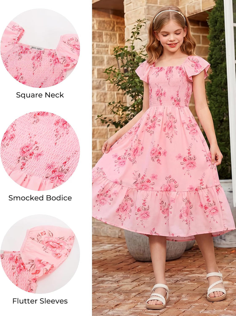 Girls Flutter Sleeve Floral Maxi Dress Spring Summer