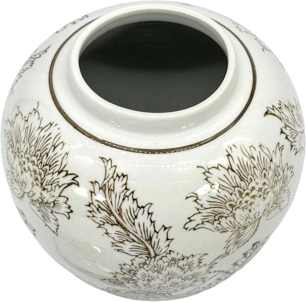 White & Brown Flower Chinoiserie Round Ginger Jar 10" with Lid - Ginger Jar, Decorative, Home Decor Jar