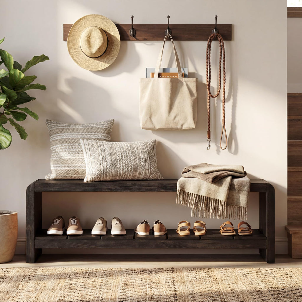 Solid Wood Entryway Bench with Shoe Storage, 59.06-Inch Long Shoe Bench with Open Shelf, Farmhouse End of Bed Seating