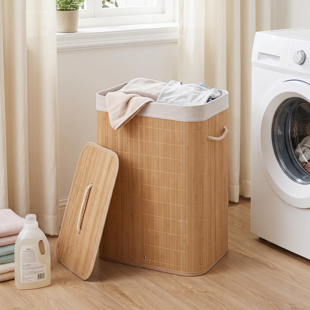 Bamboo Laundry Hamper with Lid, Removable Liner & Portable Handles