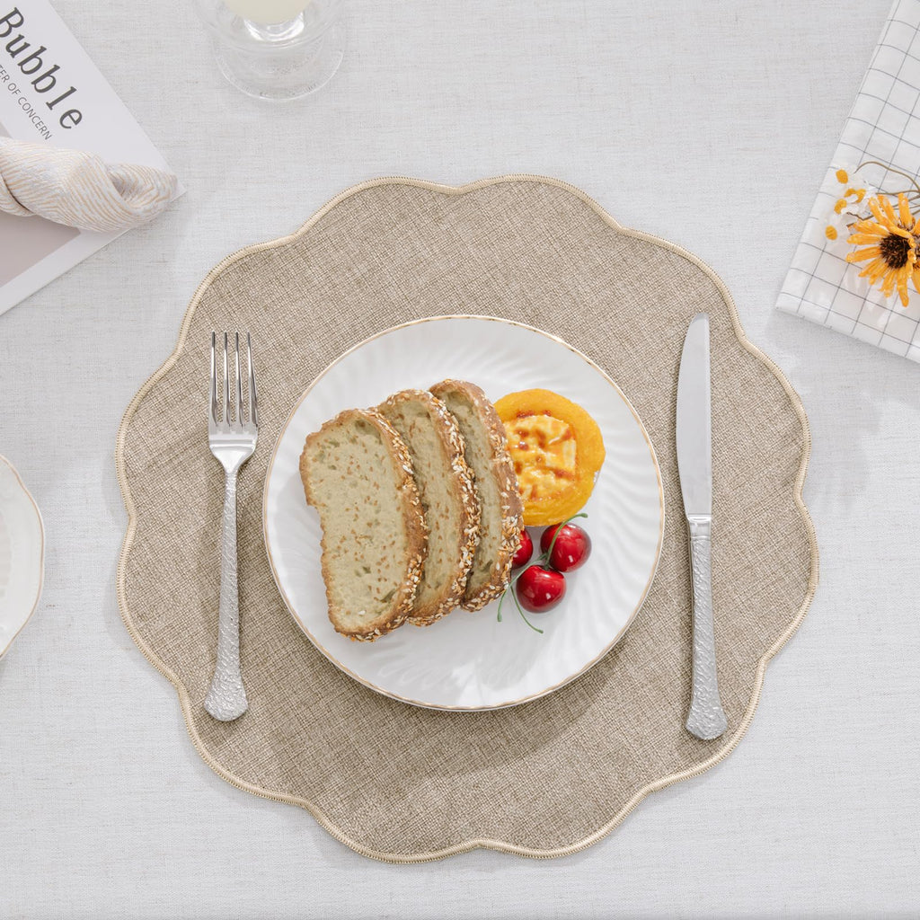 Beige Round Scalloped Placemats Set of 4 Polyester Linen Blend