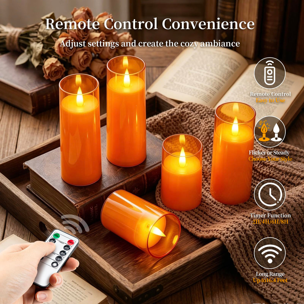 Orange Flameless Candles Realistic Flickering with Remote for Fall