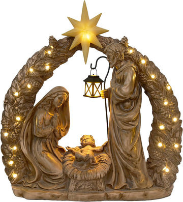 25" Tall Indoor/Outdoor Nativity Scene Lighted Holiday Decor with Warm White LED Lights, Christmas Displays, Brown