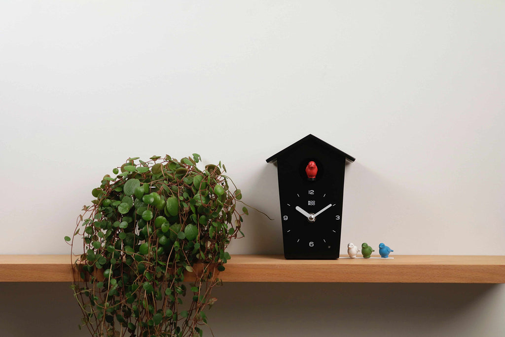 Birdhouse Mini Black, Tiny Modern Cuckoo Clock with 12 Natural Bird Songs or Cuckoo Call
