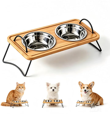 Dog Bowls elevatedRaised and Cat Food Bowl Stand, Elevated Bamboo Pet Feeder with 2 Removable Stainless Steel Bowls