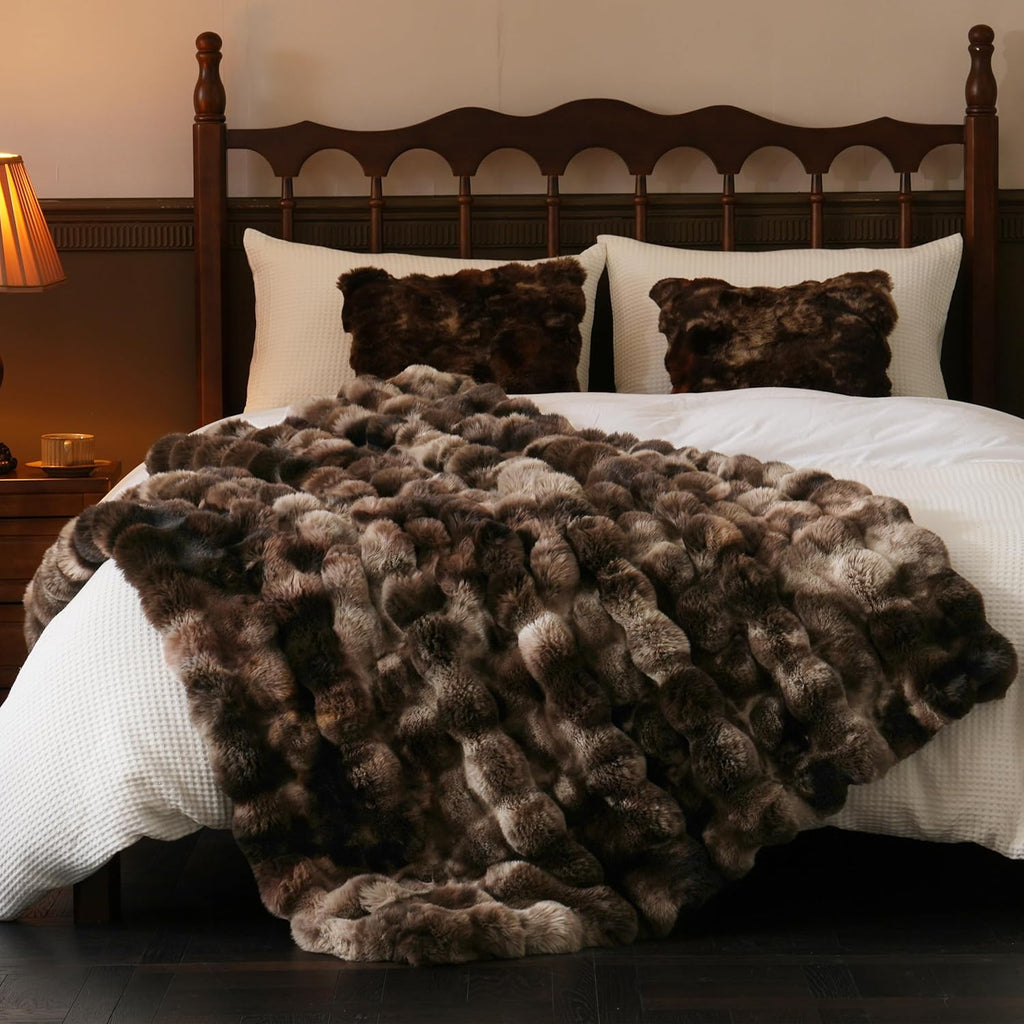 Fluffy Faux Fur Throw Blanket, Soft Plush Thick Cozy Fuzzy Luxury Minky Bubble Blanket, Tie-dye Coffee, 50" x 60"