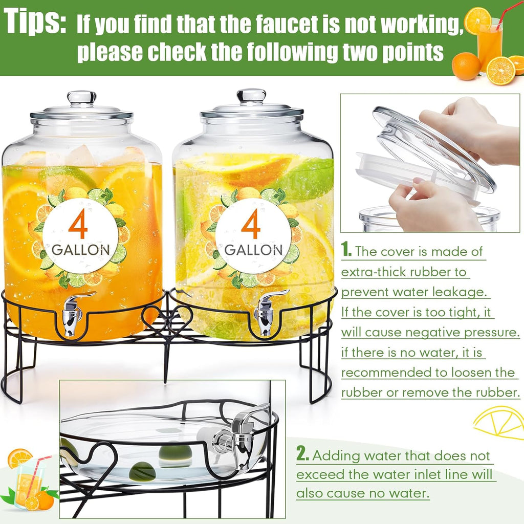 Gallon Glass Drink Dispenser for Parties Large with Stand and Spigot Leakproof Water Storage Lemonade Juice - Set of 2