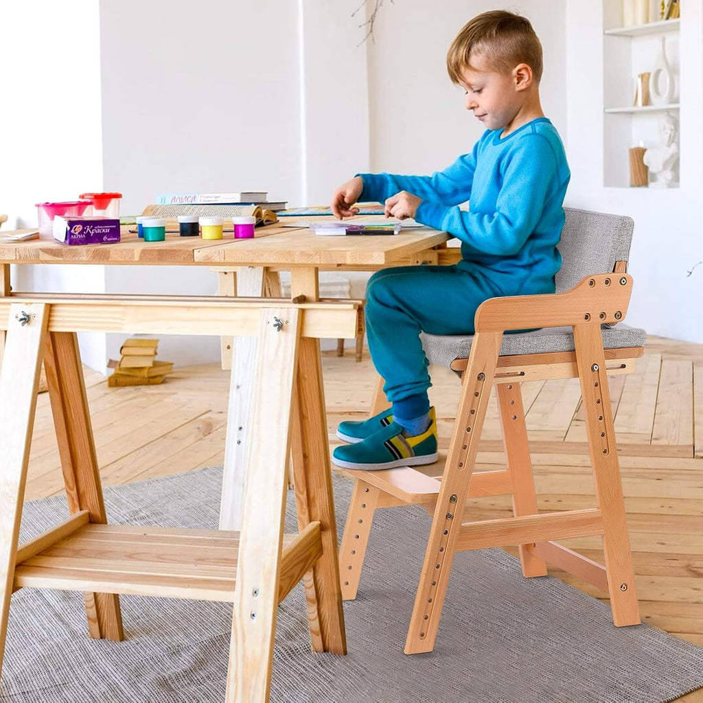 Wooden High Chair for Toddlers to Teens Adjustable Kids Learning Chair with Steps, Child Seats with Removable Cushion