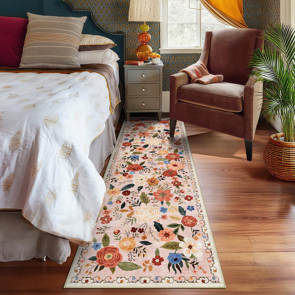 2x6 Washable Runner Rug Beige Boho Floral Kitchen Bedroom