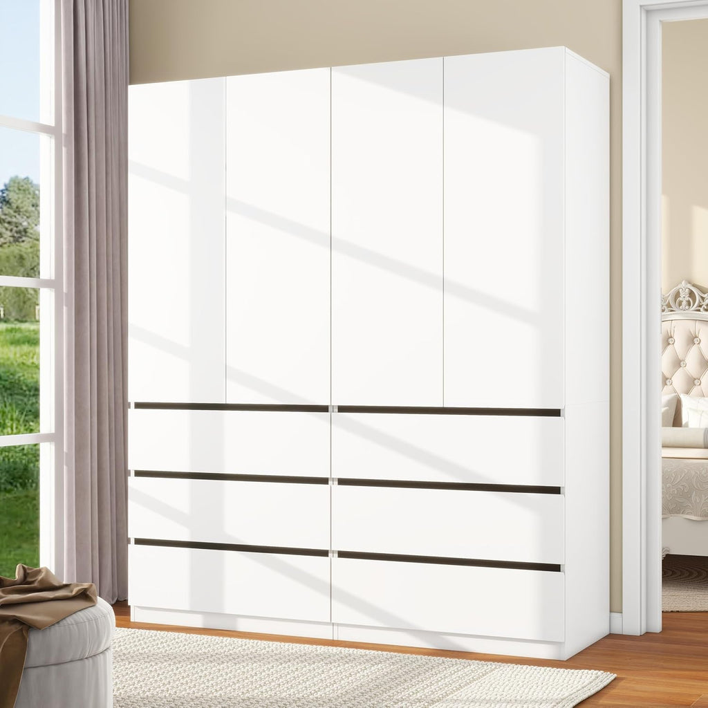 Bedroom Armoire Wardrobe Closet with 6 Drawers: White Wardrobe Closet with 4 Doors, Modern Cabinet for Clothes with